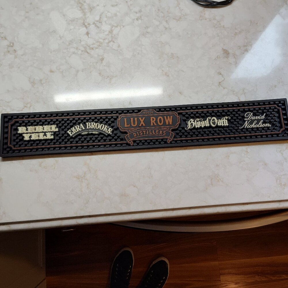 Lux Row Distillers black brown & white bar rail drink mat NWOTs 23.5" L x 3.5" W